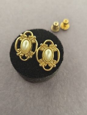 Gold-Tone Oval Pearl Stud Earrings